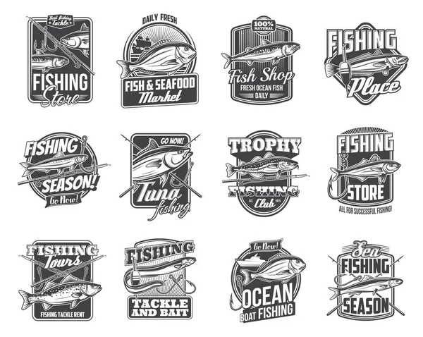 Poisson Pêche Attaquent Aux Icônes Vectorielles Isolées Badges Monochromes Pour — Image vectorielle