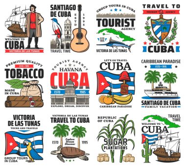 Küba turistik merkezleri, havana tatil turları ikonları. Kristof Kolomb kervanı, tropikal kuşlar ve okyanus hayvanları, Küba mimarisi ve ulusal semboller, yiyecek ve tütün taşıyıcısı