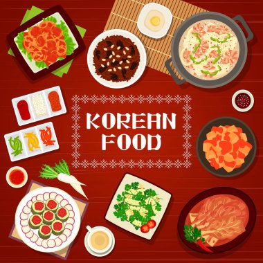 Kore mutfağı, Asya restoranı menüleri ve menü kapağı, vektör. Geleneksel Kore yemekleri ve öğle yemekleri, pilav, kimchi ve deniz ürünleri, et ve tatlılarla dolu sıcak çorba kaseleri.