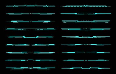 HUD futuristic header and footer interface vector elements of Sci Fi and tech game. Future technology head up display hologram screen frame border lines, blue neon text bars and dividers, ui design clipart