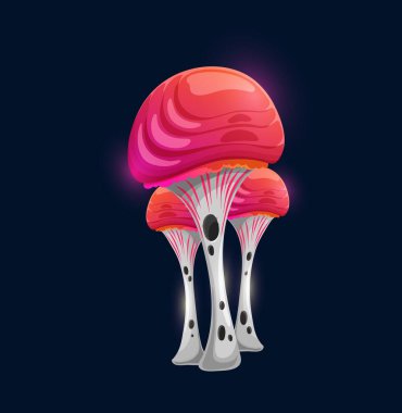 Fantezi sihirli kırmızı mantar, vektör uzaylı mantarı, karikatür şeklinde, alışılmadık şekilli, Holey Stipe ve garip şapkalı güzel bitki. Peri masalı ya da oyun için doğal unsur, izole orman bitkisi