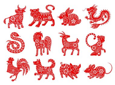 Çin burcundaki hayvanlar, kırmızı kağıt kesim karakterler. Vektör maymun, köpek, at, yılan ve keçi, öküz, tavşan ve horoz, ejderha, fare veya fare, kaplan ve domuz, Yeni Yıl astroloji sembolleri