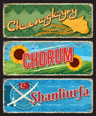 Corum, Cankiri ve Şanlıurfa Türk il tabakları. Vektör haritası, Türkiye bayrağı ve çapraz kılıçlar Kilij, Karadeniz bölgesi dağları, buğday kulakları ve çayır çiçekleri vintage işaretleri veya grunge sticker 'ları