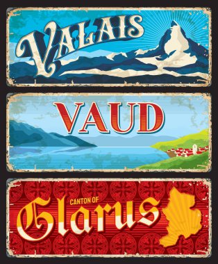 Valais, Vaud ve Glarus İsviçre kanton plakaları. İsviçre 'nin turistik simgelerine sahip taşıyıcı vintage pankartlar göl, harita ve dağlara yerleşiyor. Yaşlanmış retro işaretleri, grunge kartları veya kartpostallar