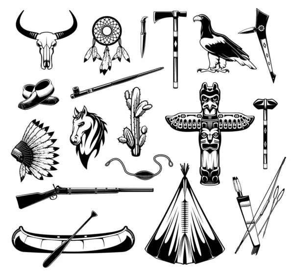 Indios Nativos Americanos Ítems Iconos Armas Símbolos Tribales Vectoriales Tomahawk — Vector de stock