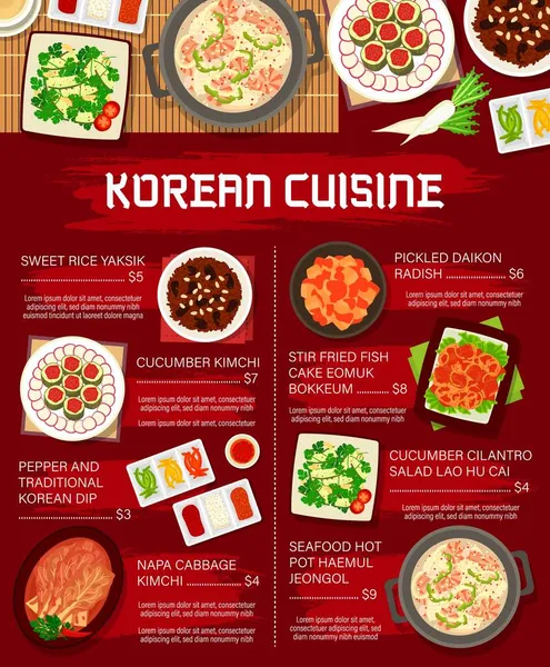 Menu Comida Coreana Cozinha Coreana Pratos Restaurante Refeições Asiáticas Vetor — Vetor de Stock