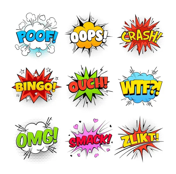 Cartoon Comics Speech Bubbles Vector Sound Effect Halftone Balloons Exclamation — Stock Vector