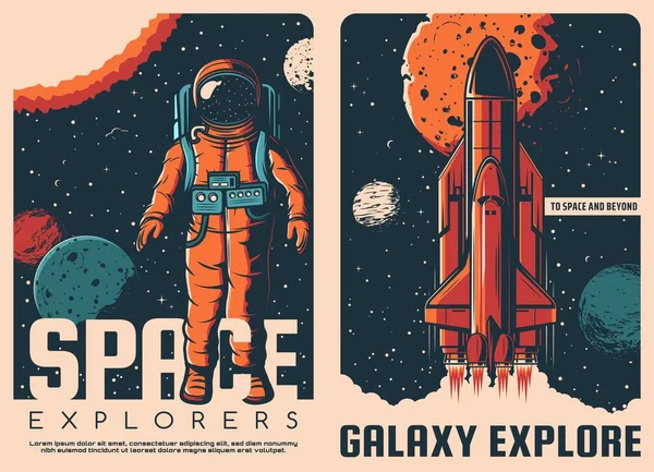 Astronauten Und Raumschiff Retro Poster Galaxienforschung Raumfahrt Und Planetenforschung Vektor — Stockvektor