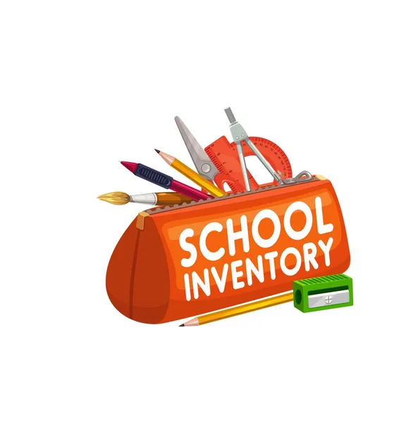 Inventário Escolar Papelaria Estojo Lápis Voltar Escola Crianças Educação Desenho — Vetor de Stock