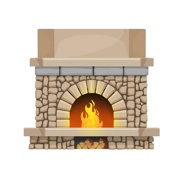 Home Stone Fireplace Flame Wood Chunks House Interior Design Element — Stock Vector