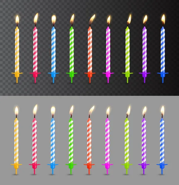 Birthday Cake Candles Candlelight Fire Flames Realistic Party Vector Wax — Stock Vector