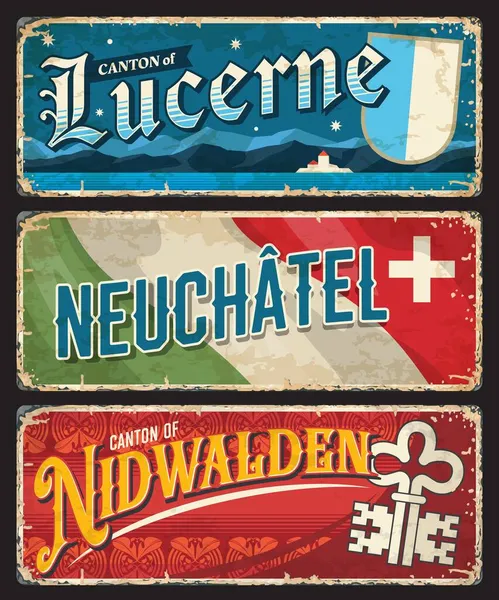 Lucerna Neuchatel Nidwalden Placas Cantões Suíços Com Bandeiras Vetoriais Brasão — Vetor de Stock