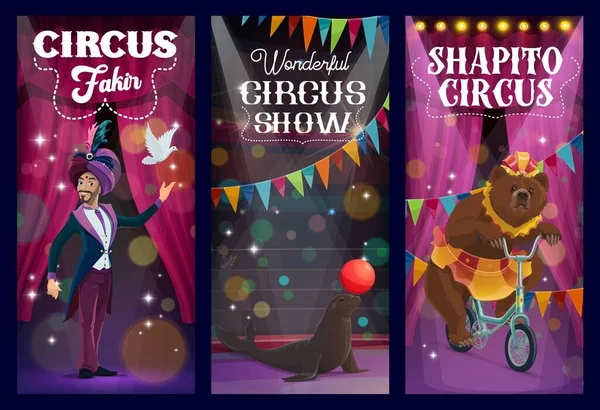 Shapito Circus Goochelaar Getrainde Beer Zeehond Vector Banners Cartoon Carnaval — Stockvector