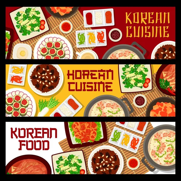 Banderas Comida Coreana Menú Cocina Asiática Tazones Sopa Vectores Arroz — Vector de stock
