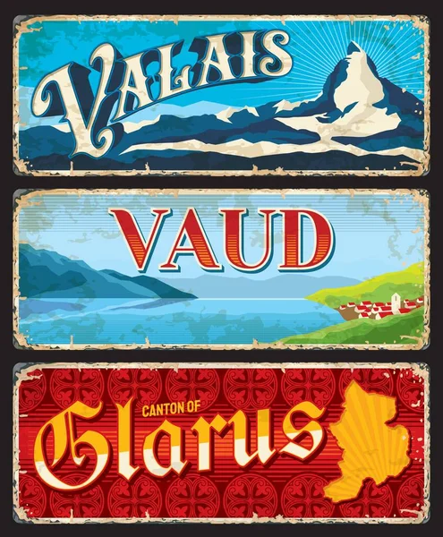Valais, Vaud ve Glarus İsviçre kanton plakaları. İsviçre 'nin turistik simgelerine sahip taşıyıcı vintage pankartlar göl, harita ve dağlara yerleşiyor. Yaşlanmış retro işaretleri, grunge kartları veya kartpostallar