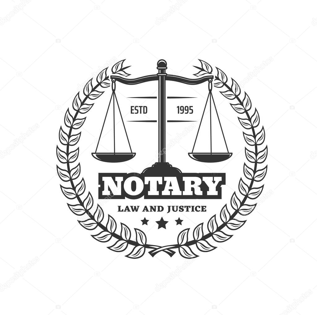Icono del servicio notarial emblema vectorial notarial oficina con escamas y corona de laurel