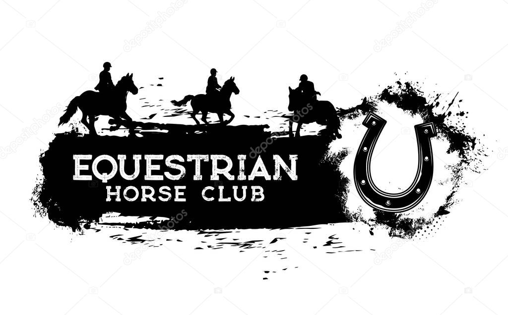 Equestrian sport club grunge banner, horse riding and racing, vector horseshoe emblem. Jockey polo sport, equine ride and races, stable or hippodrome sign with horse mustang on steeplechase ride