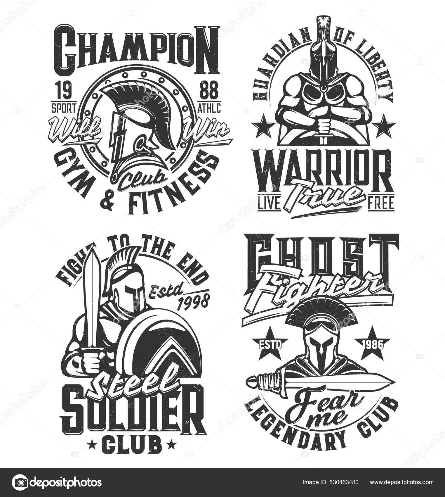 斯巴达人角斗士和罗马人的T恤衫印格斗俱乐部服装定制设计矢量印着古希腊战士的盔甲武装小刀和盾牌图库矢量图©VectorTradition  530463480, image size:1524x1700