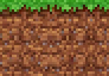 Piksel oyun vektör arkaplanı kübik blok piksel çim ve zemin desenli. Yeşil çayır, kahverengi toprak ve kaya mozaiği olan doğa manzarası, 8 bit oyun seviyesi
