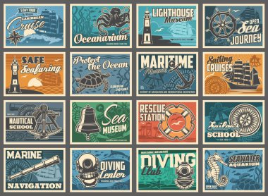Çapası ve deniz feneri olan denizcilik posterleri, deniz dalışı ve okyanus yolculuğu, retro vektör. Deniz müzesi ve sahil cankurtaran istasyonu, deniz suyu akvaryumu ve okyanus, denizci ve deniz okulu.