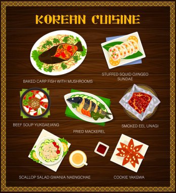 Kore mutfağı yemek menüsü, restoran öğle yemeği ve akşam yemeği vektör posteri. Kore geleneksel balık, et ve deniz ürünleri, füme yılan balığı unagi, mantarlı sazan balığı ve kurabiye yakgwa.