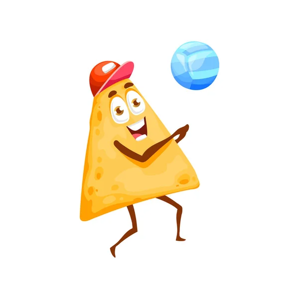 Lindo Nachos Jugar Voleibol Playa Aislado Divertido Personaje Dibujos Animados — Vector de stock