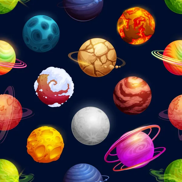 漫画の未来的な惑星 星のシームレスなパターン ベクトル銀河の背景 衛星隕石 漫画の空のパターンを持つコスモス小惑星やファンタジー宇宙惑星 — ストックベクタ