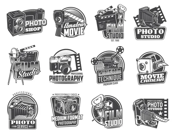 照片和电影摄影机图标 专业摄影和录像演播室标志 摄影和电影设备商店矢量复古徽章 带有复古折叠的图标 中等格式和Slr电影摄影机 — 图库矢量图片