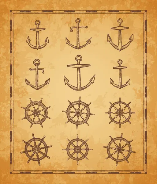 アンカーと舵スケッチ ヴィンテージアンティークマップベクトル要素 古代の船の車輪や帆ボート舵 ヘルメットやアンカー 航海ナビゲーション 海賊や海洋旅行と古い羊皮紙 — ストックベクタ