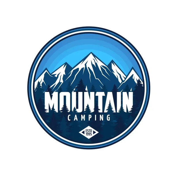 Mountain Camping Ikon Turism Och Bergsklättring Vektor Rund Etikett Med — Stock vektor