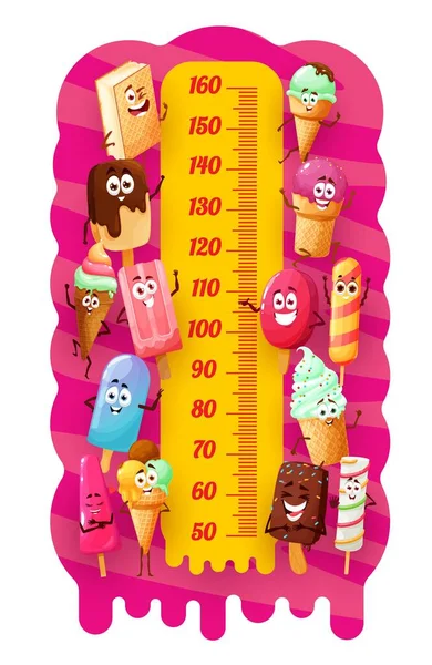 子供の高さチャート上のアイスクリームデザートキャラクター 子供成長メーター 高さ測定ベクトル定規漫画面白いサンデーでワッフルコーン ジェラートアイスクリームボールと冷凍ジュースポプシクル — ストックベクタ