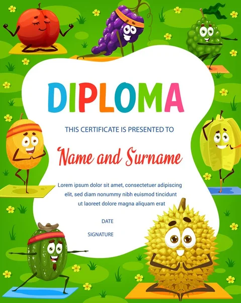 Diploma Infantil Caricatura Durian Carambola Melón Uva Bergamota Con Feijoa — Archivo Imágenes Vectoriales