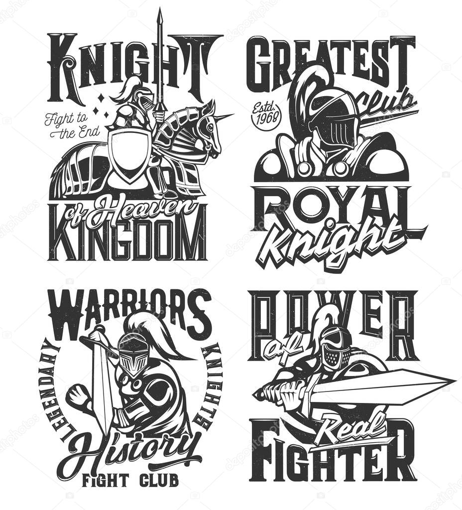 Tshirt prints with knight warriors with sword, spear and horse vector mascot for fighter club apparel design. Medieval knights in helmet with plumage, armor or cape. T shirt prints with typography set