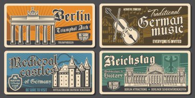 Almanya seyahat işaretleri taşıyıcısı Reichstag, Berlin Zafer Kemeri, ortaçağ kale mimarisi. Alman müzik konserine, turlara ve gezilere davetiye. Hollanda kültürü, klasik seyahat sancakları