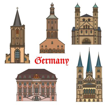 Almanya mimarisi, Köln ve Bonn tarihi binalar, vektör. Bonn Katedrali, Saint Pantaleon Kilisesi, St Ursula, Sankt Severin Bazilikası ve Altes Rathaus Belediye Binası, Almanya