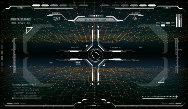 HUD hedef kontrolü, fütüristik ekran ekranı arayüzü, vektör yabancı gezegen. Crosshair Circle, oyun teknolojisi ve gelecekteki teknoloji UI veya GUI ile HUD dijital radar, hedef kontrol paneli