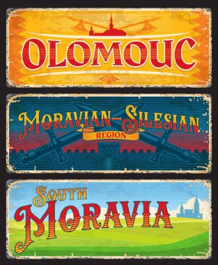 Olomouc, Güney Moravya, Moravian Silezya Czech bölgesi plakaları ve seyahat etiketleri. Heraldik çapraz baltalı veya kılıçlı veya kaleli vintage sancaklar. Turistik kartpostallar, panolar veya plaketler