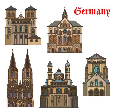 Almanya 'nın Köln mimarisi, Koln' un tarihi binaları, vektör. Köln Katedrali veya Kolner Dom, St Andrew ve Cunibert kiliseleri, Saint Gereon Bazilikası, Alman ortaçağ mimarisi