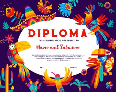 Meksika çizgi filmi sombrero, tukan, papağan ve sinekkuşu olan çocuk diploması, vektör. Okul ya da anaokulu takdir belgesi için alebrije tarzı Meksika kaktüsü ve çiçekler.