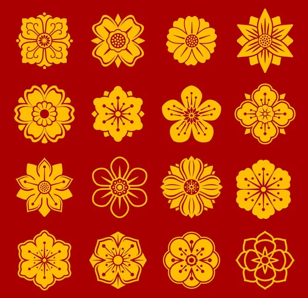 Asiatique Floral Chinois Japonais Motifs Coréens Oriental Géométrique Florissent Symboles — Image vectorielle