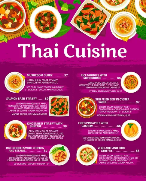 Templat Menu Makanan Thailand Mie Dengan Jamur Ayam Dan Wijen - Stok Vektor