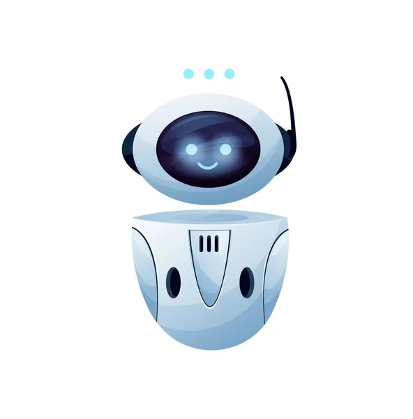 在线咨询员聊天机器人有趣的机器人助手与发光的眼睛和微笑孤立聊天机器人助手和消息点标志 带天线的矢量客户支持服务助理字符 — 图库矢量图片