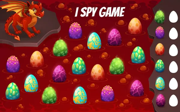 洞窟の中で卵と漫画の赤い龍のゲームワークシートをスパイ ベクトルカウントパズルゲーム 子供の教育の謎や数学のテスト 翼とかわいい恐竜のドラゴンの卵を見つけてカウント 尾と角 — ストックベクタ
