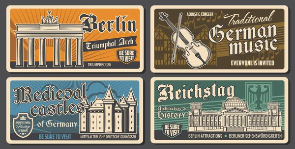 Germany travel landmarks vector Reichstag, Berlin Triumphal arch, medieval castle architecture. Invitation to German music concert, tours and sightseeing. Dutch culture, vintage traveling banners set