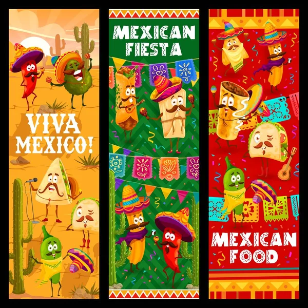 멕시코의 축제와 멕시코의 타코와 엔칠라다 부리토 나초와 아보카도 음악가 캐릭터 — 스톡 벡터