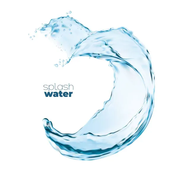 孤立した渦巻き透明な水の波がスプラッターでスプラッシュします 滴と現実的なベクトル液体の流れ スプレー液滴 水和3D要素 新鮮な飲み物でアクアダイナミック運動をスプラッシング — ストックベクタ