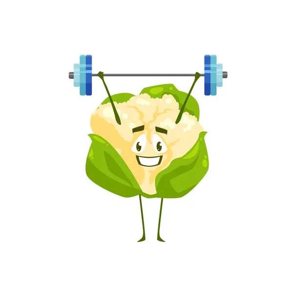 卡通花椰菜运动与杠铃 向量有趣的植物运动员性格的运动练习孤立于白色背景 健康食品 体育生活方式 有机营养 — 图库矢量图片