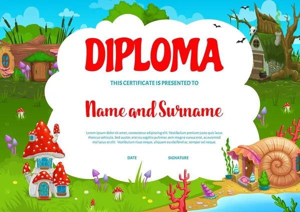 Crianças Diploma Cogumelo Tronco Madeira Toco Concha Moradias Fadas Certificado —  Vetores de Stock