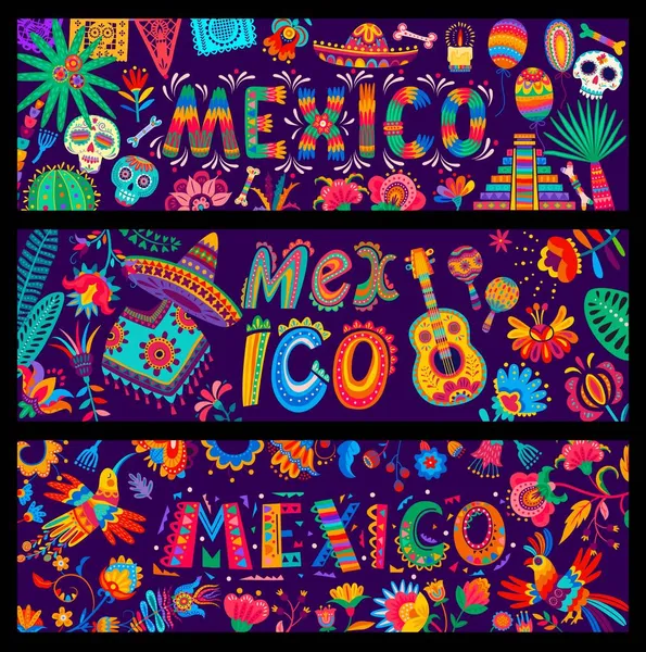 Tecknad Mexikanska Semester Vektor Banderoller Med Day Dead Socker Dödskallar — Stock vektor