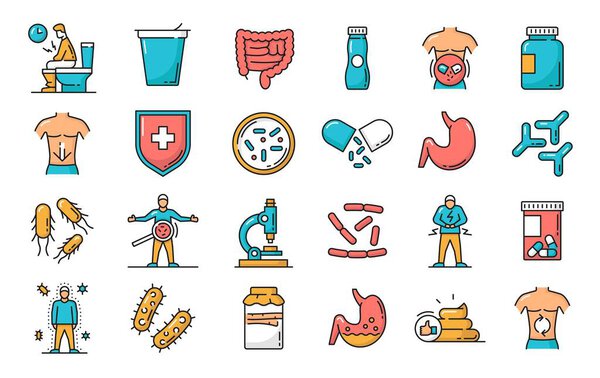 Probiotics and microflora line icons set. Human immune and digestive system disease, prebiotics pills and food, microbe outline icons set with bacteria, guts and stomach, microscope, yogurt